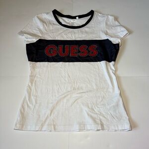 GUESS White Tee with Blue Chest Band and Red Logo Studs